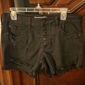 Distressed, black denim shorts